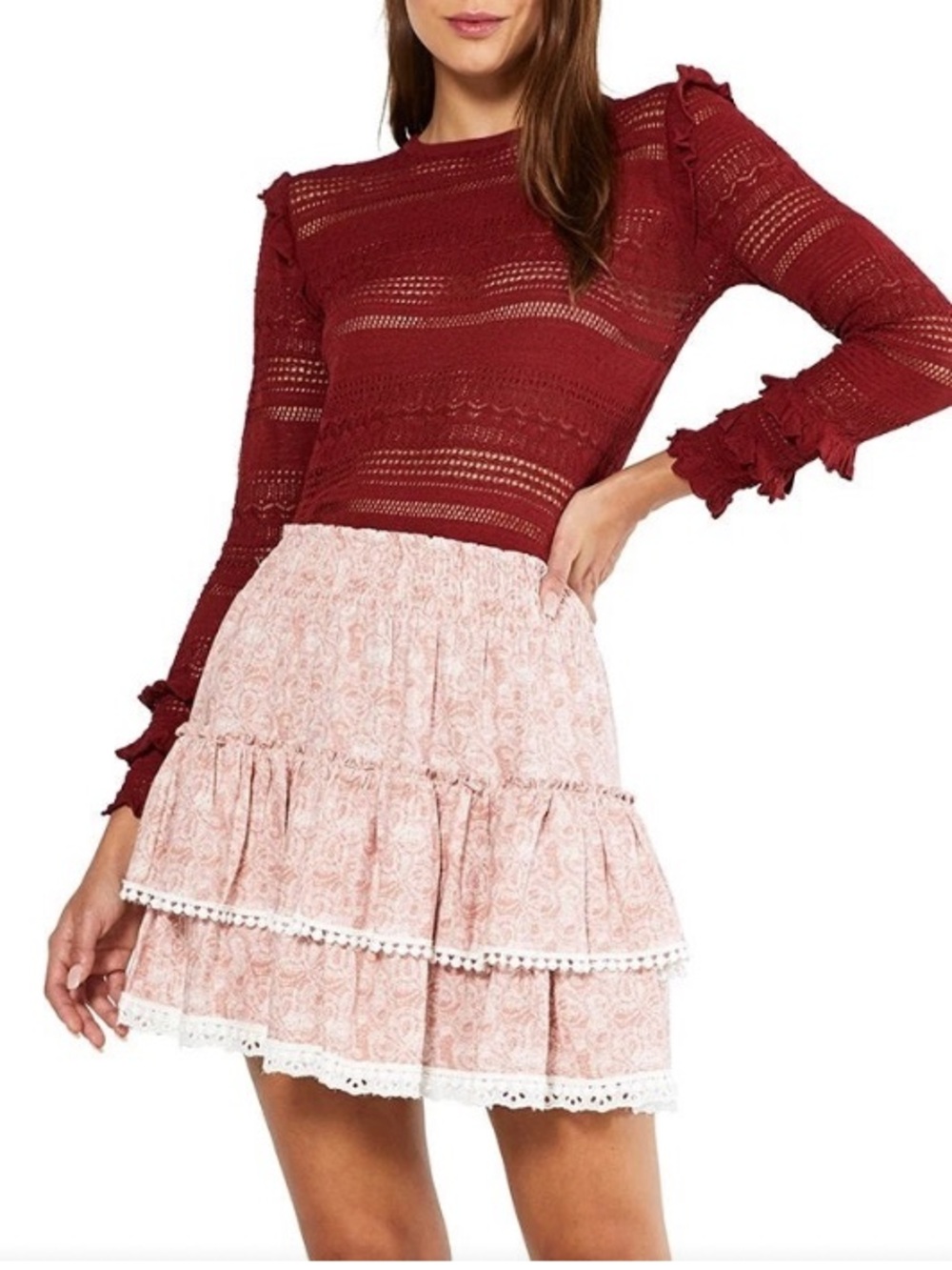 Anthropologie MISA Linen Blend Ruffled Tiered Mini Skirt Dusty Pink XS